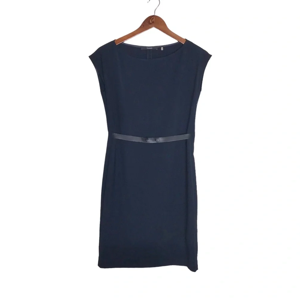 Tahari | Dresses | Tahari Navy Blueblack Faux Leather Belted Boat Neck Cap  Sleeve Sheath Dress | Poshmark